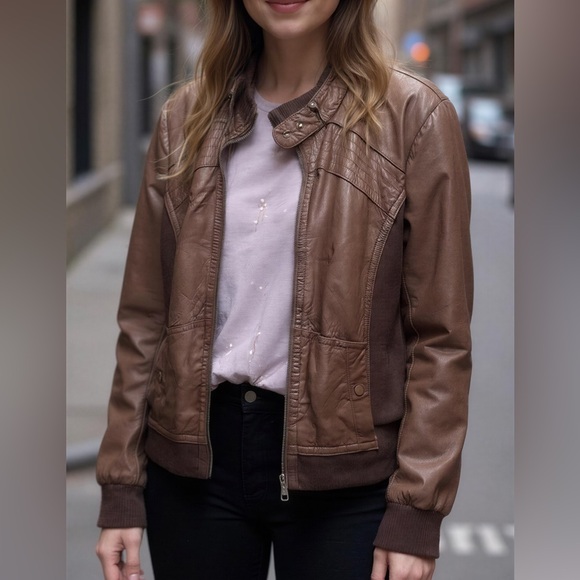 Anthropologie Jackets & Blazers - Anthropologie Idra Brown Bomber Leather Jacket Floral Lining Large